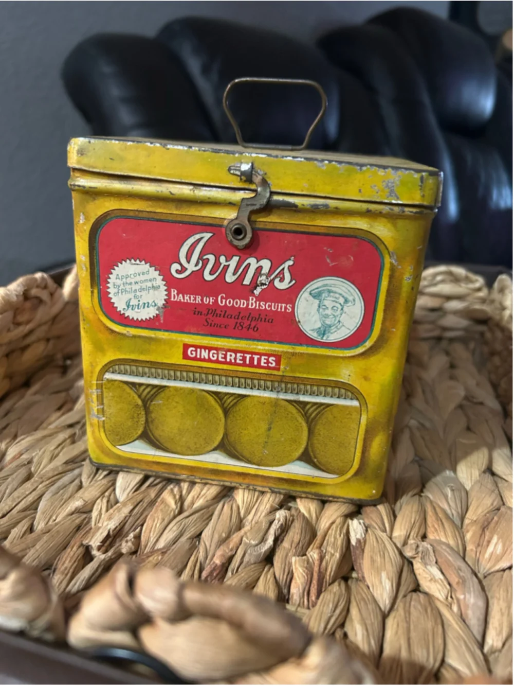 Vintage Ivins Gingerettes Biscuit Tin Food Storage Container Yellow Red